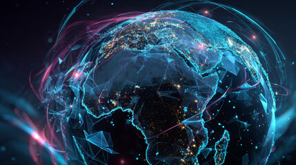 Fototapete - AI technology text over globe with digital data and connection arrows on dark background