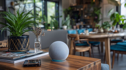 Poster - Smart speaker with voice control. Voice control of your smart home. Smart speaker reports the news, plays music, answers questions. 