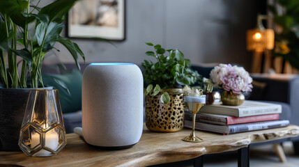 Poster - Smart speaker with voice control. Voice control of your smart home. Smart speaker reports the news, plays music, answers questions. 