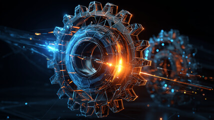 Fototapete - Abstract glowing gear icon with blue and orange lighting effects on a dark background, symbolizing technology, engineering, and innovation