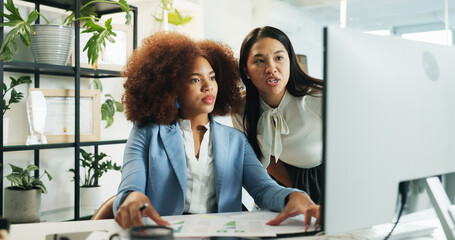Poster - Business women, coach and computer with documents for performance review, assistance or help at office. Female people, employees or collaboration with technology or paperwork for corporate analysis