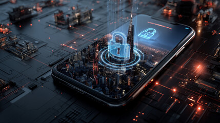 Poster - smart phone connection with a smart city. the icon lock on the mobile phone screen. Smart city. Mobile security, secure wireless connection. The connection is protected. Future concept. 