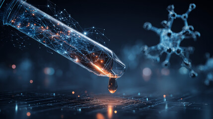 Poster - Glowing digital test tube releasing a droplet, symbolizing futuristic science, research, and biotechnology