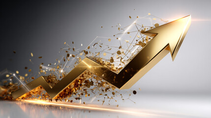 Poster - Gold up arrow success isolated on white 3d background with growth direction graph graphic symbol or golden economy stock profit chart icon element and investment financial achievement market target.