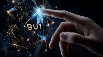 Poster - Hand touching Buy Button from lines, triangles and particle style design. Illustration vector