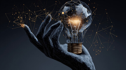 Poster - hand holding a light bulb shape. Idea, innovation and inspiration concept. Lines, triangles and particle style design