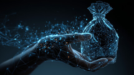 Poster - Abstract hand holding a money bag form lines and triangles, point connecting network on blue background. Illustration vector