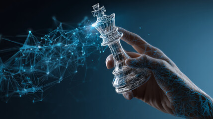 Poster - Hand holding chess from lines and triangles, point connecting network on blue background. Illustration vector
