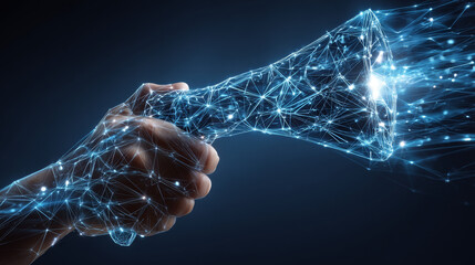 Poster - Hand holding a flashlight form lines and triangles, point connecting network on blue background. Illustration vector