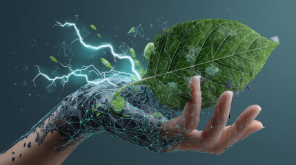 Poster - Hand holding leaf and flash or thunder. Eco Energy icon from lines, triangles and particle style design. Illustration vector