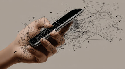 Poster - Hand holding smartphone from lines, triangles and particle style design. Illustration vector