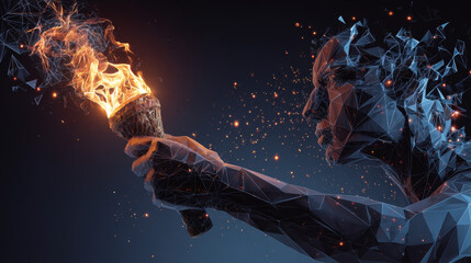 Poster - Hand holding torch flame form lines, triangles and particle style design. Illustration vector