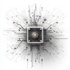 Poster - Abstract visualization of microchip design integrated digital components on the white background