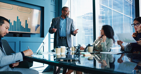 Aufkleber - Meeting, speaker and business people in office for financial planning, budget review and investment. Presentation, corporate team and men with women for finance report, strategy and discussion