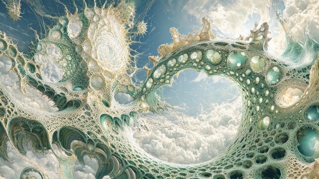 Surreal organic structure swirling through clouds, resembling a celestial portal
