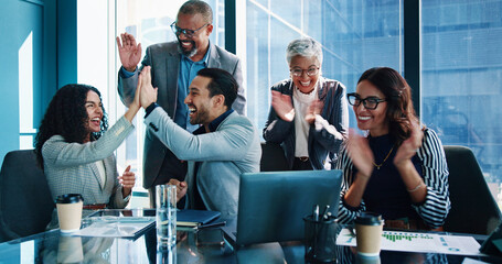 Poster - Applause, high five and success with business people in boardroom of office together for celebration. Bonus, milestone and victory with employee group in workplace for goals, motivation or target