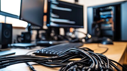 Poster - A busy tech workspace featuring multiple computer stations with tangled cables. showcasing professionals engaged in digital tasks. surrounded by modern office equipment
