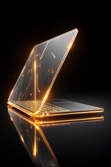 Poster - Futuristic transparent laptop emitting golden light on a reflective surface
