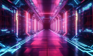 Poster - A futuristic digital corridor illuminated by vibrant neon lights. showcasing intricate circuit patterns and glowing lines. creating a high-tech atmosphere ideal for sci-fi themes