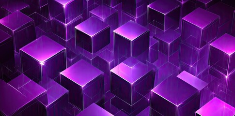 Poster - A vibrant arrangement of glowing purple cubes creating a futuristic digital landscape. with soft lighting enhancing the depth and texture of the scene. ideal for technology-themed backgrounds
