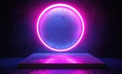 Poster - A vibrant neon circle suspended above a sleek platform in a dimly lit space. creating a modern and artistic atmosphere ideal for creative projects