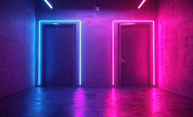 Poster - A vibrant. neon-lit hallway featuring glowing pink and blue lights. leading to an elevator door. creating a futuristic atmosphere ideal for modern design projects