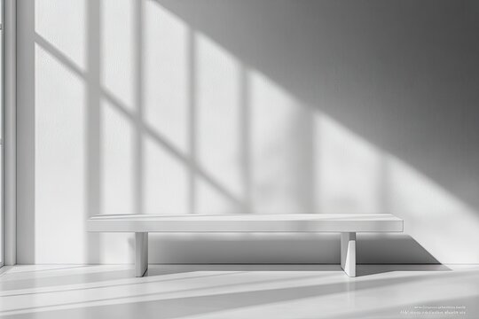 A minimalist interior scene featuring a sleek white shelf against a plain wall. illuminated by soft shadows from window blinds. creating a serene atmosphere