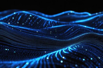 Poster - Abstract digital waves illuminated by blue light. creating a mesmerizing flow. with a dark background enhancing the depth and movement of the scene. ideal for tech-themed visuals