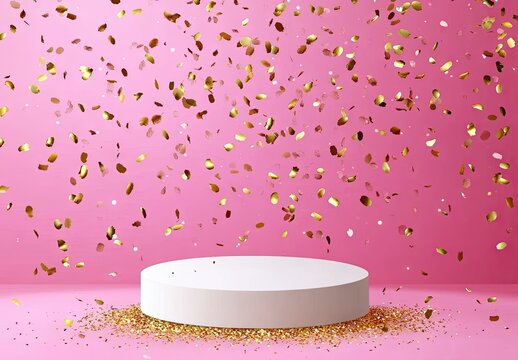 A minimalistic white podium set against a soft pink background. surrounded by golden confetti falling from above. creating a festive atmosphere ideal for celebrations or product displays