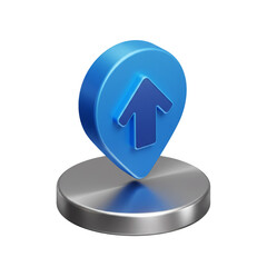 Poster - 3D Rendering of a Blue Arrow on a Pin Icon Symbolizing Upward Movement and Positive Growth in a Sleek and Modern Metallic Design