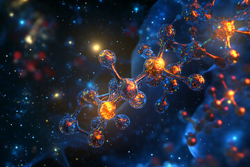 Poster - Abstract representation of molecular structures in a cosmic setting with vibrant colors and depth