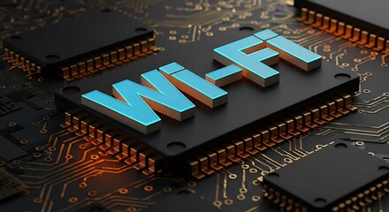 Aufkleber - Wi-fi word on circuit board. Illustrating wireless technology concept. Digital connection, internet access, and modern communication systems. Data transfer theme.