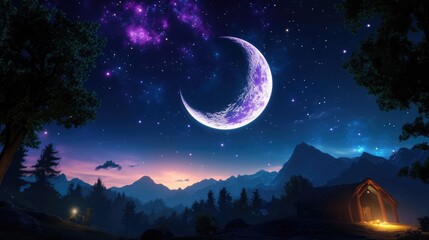 The dark night sky features a full moon and numerous bright stars, creating a beautiful nature landscape in space