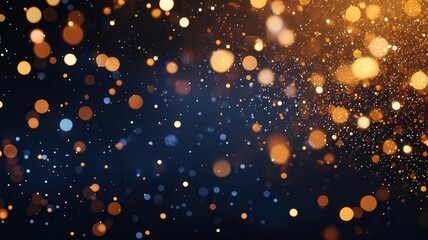 Poster - Sparkling golden particles cascading over deep blue backdrop, generating luminous bokeh effect for festive graphic design elements