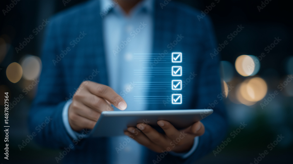 Businessman Engaging with Compliance Digital Interface on Tablet Stock ...