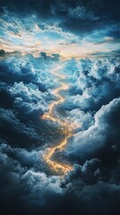 Poster - Majestic cloudscape with glowing pathway aerial view digital art serene environment