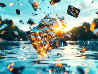 Poster - Exploding cube in water nature digital art serene environment aerial view abstract concept
