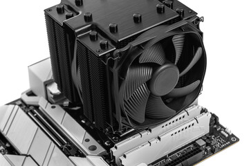 Poster - High-performance CPU air cooler with a large heatsink and fan installed on a modern computer motherboard.