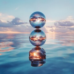 Poster - Reflective spheres floating above tranquil waters at sunset digital art serene environment artistic concept