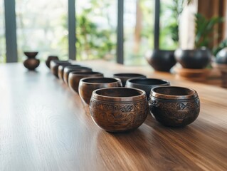 Poster - Decorative wooden bowls arrangement modern interior photography bright environment close-up artisan craftsmanship