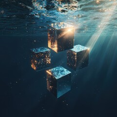 Poster - Exploring underwater realms illuminated cubes in ocean depths digital art surreal environment aesthetic viewpoint