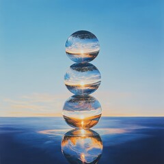Poster - Balanced glass spheres reflecting sunset over tranquil water artistic photography serene environment captivating perspective