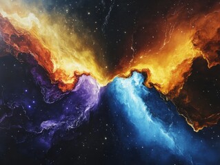 Poster - Celestial collision of colors cosmic space digital art stellar environment wide-angle view abstract concept