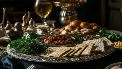Poster - A still life image of a platter of food on a table with a glass of wine, perfect for use in articles about fine dining or wine pairings