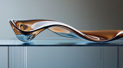Modern, abstract glass dish resting on a smooth surface.