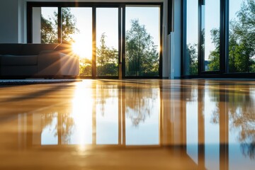 Aufkleber - Morning sunlight reflection modern living room photography bright interior low angle serenity and warmth