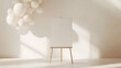 a front view aspect ratio A3 vertical birthday easel mockup standing upright in landscape position, soft daisy-themed background with one beige and white balloon arch, clean backdrop with soft bokeh