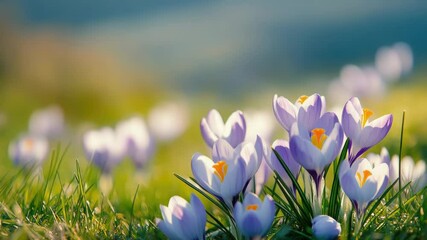 Poster - A group of purple flowers sit on top of a lush green field