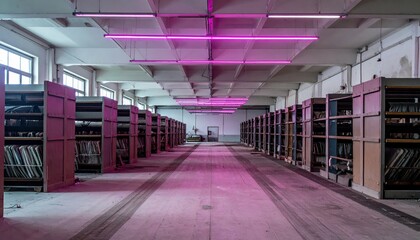 Poster - Abandoned Textile Warehouse with Neon Shelving Units and No People