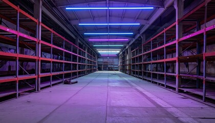 Poster - Abandoned Textile Warehouse with Neon Accents and Empty Shelving Units
